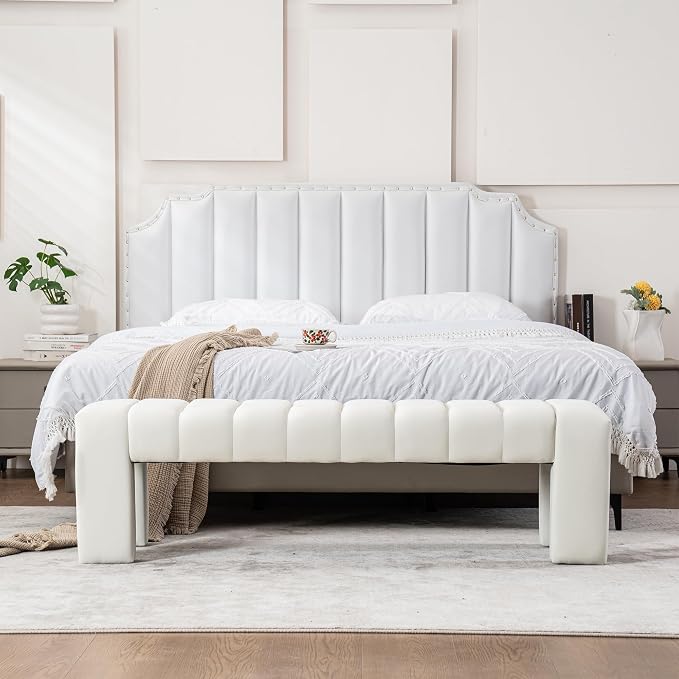 59" Velvet Bench for Bedroom King Size Bed Window End of Bed, Ivory White | - Image 4
