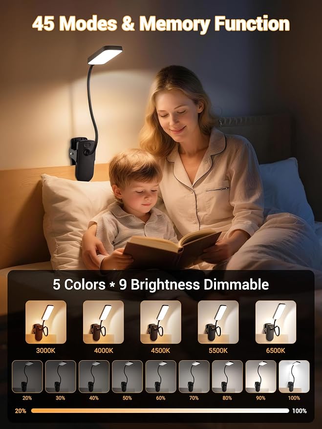 Clip on Light, 9 Brightness+5 Color Rechargeable Lamp, 48 LED Small Desk Lamp | - Image 2