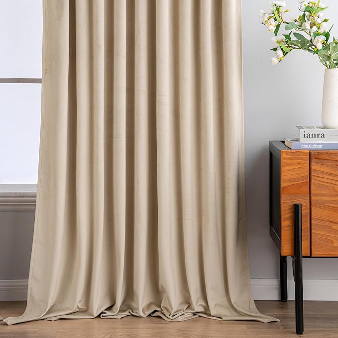 MIULEE Camel Beige Velvet Pinch Pleat Blackout Curtains W52 X L108 Inches | 2 - Image 7