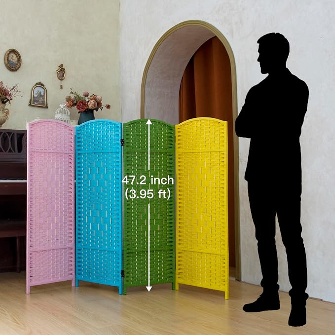 Compact 4 Panel Short Room Divider, 47.2 Inch Tall Double-Sided Rattan Folding - Image 2