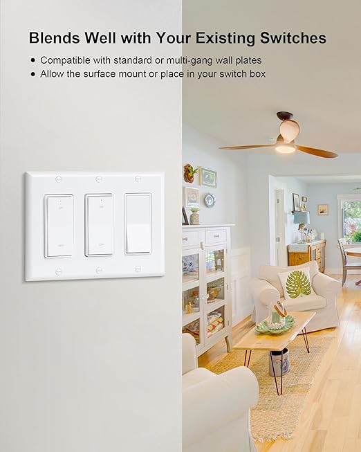 TREEWELL 3 Way Wireless Light Switch and Receiver Kit, Decorator Rocker Wall Switch, 200FT RF Range, No in-Wall Wiring Required, Programmable & Expandable for Ceiling Light, Fans, Lamps