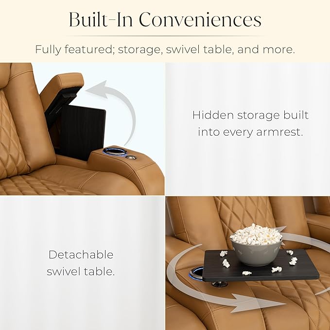 Seatcraft Diamante Zero-Gravity CoolZero Italian Leather Home Theater Seating, Power Headrest, Power Recline, Row of 5 Dual Loveseats, Tan Oak
