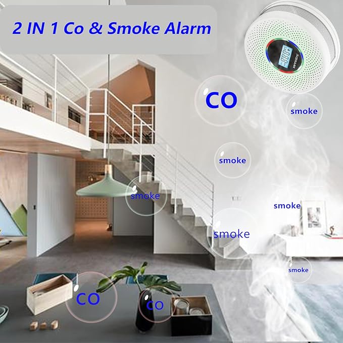 Yfwsrecinoe 2 Pack Upgraded Combination Smoke and Carbon Monoxide Alarm Detector, Dual Sensor Smoke Alarm&Carbon Monoxide Detector (Includes Battery)