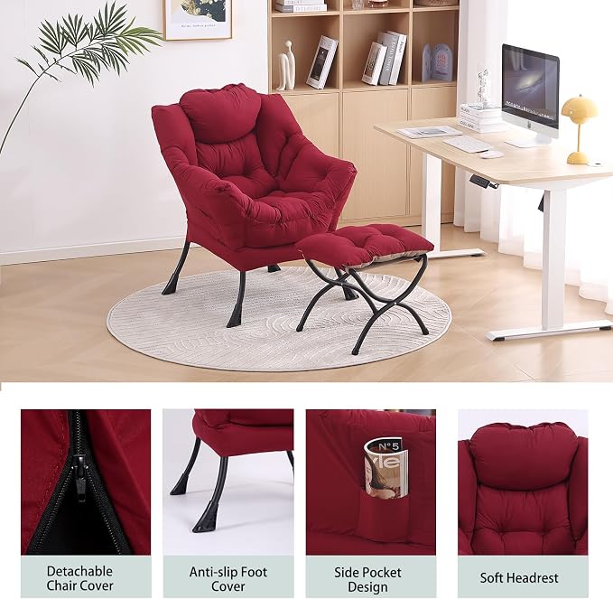 Lazy Chair with Ottoman, Comfy Accent Reading Chair, Burgundy | Foldable - Image 4
