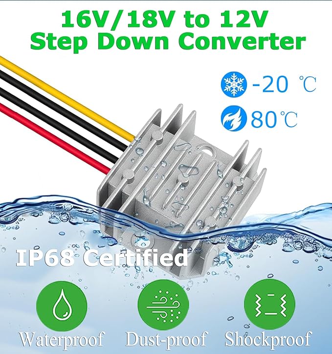 DC 8-40V to 12V Converter 3A 36W Regulated Voltage Power Converter IP68 Waterproof Transformer for Golf Cart Truck Boat Vehicle
