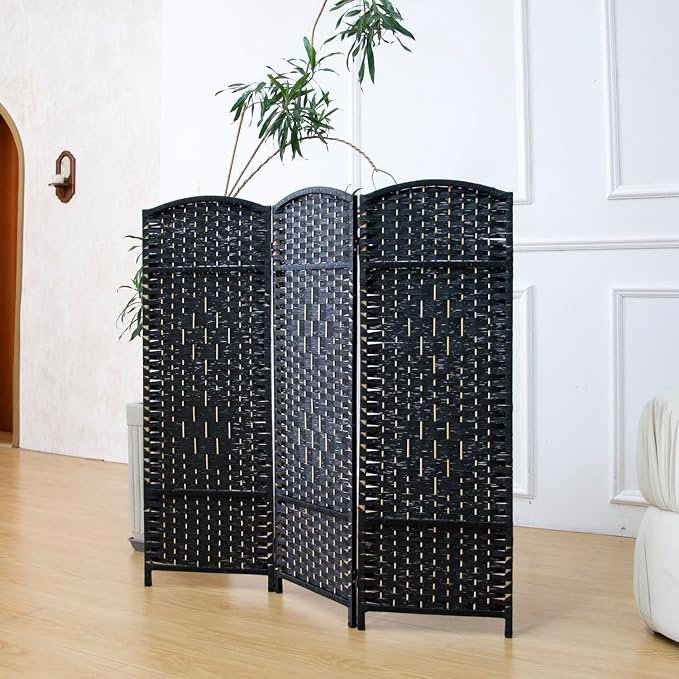 3-Panel Short Room Divider, 3.9 ft Freestanding Partition Wall, Natural Black by Loomveil