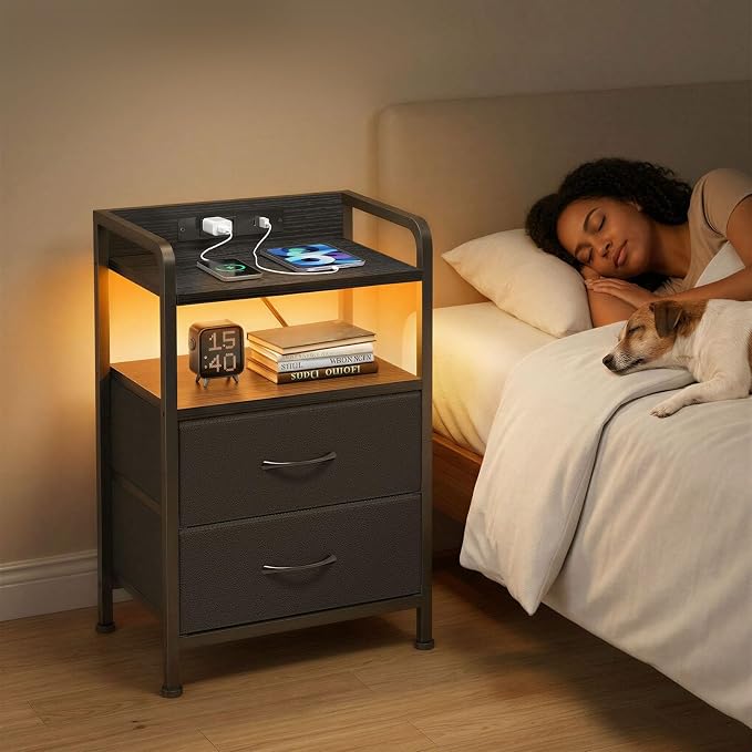 Fixwal Black Led Nightstand, Rear Charging Station, 2 Fabric Drawers | - Image 6