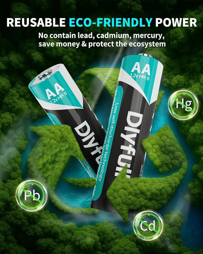 Rechargeable AA Batteries with Charger, Dlyfull 8 Pack of 2800mAh High Capacity Low Self Discharge Ni-MH Double A Batteries with 8 Bay AA AAA Battery Charger (USB-C Fast Charging, Independent Slot)