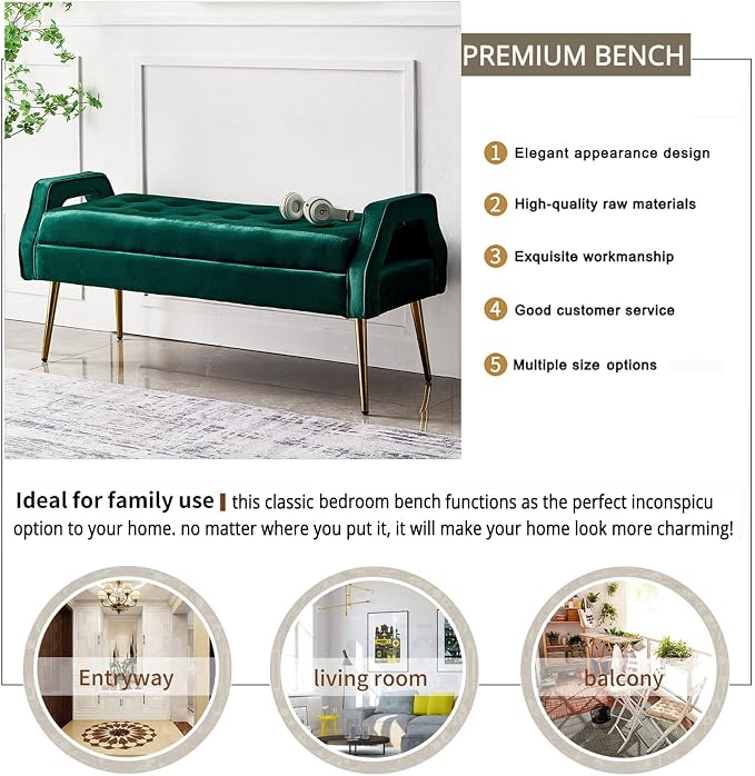 Luxurious End of Bed with den Legs, Bedroom Velvet Upholstered Seat, Comfy - Image 2