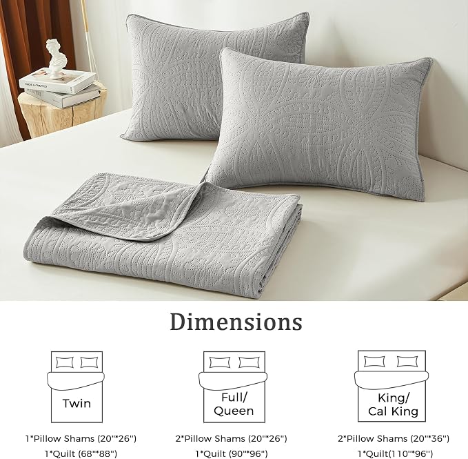 akkialla King Size Quilt Set, Light Grey Ultrasonic Bedspread, Lightweight Soft - Image 6