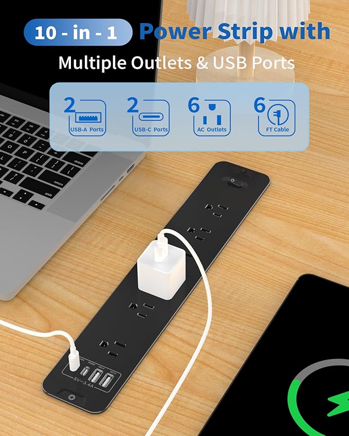 Inhwatek Recessed Power Strip with 20W USB C Port, Flush Mount Power Strip Surge Protector, 6Ft Flat Plug Extension Cord, Space-Saver Recessed Outlet for Furniture Side Table