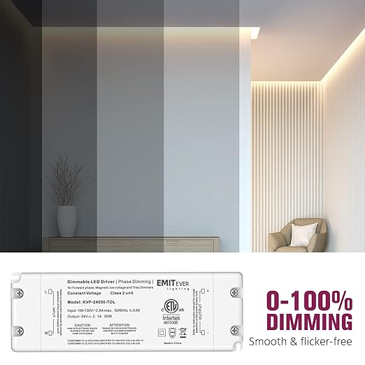 EMITEVER 50W Triac Dimmable Driver,Power Supply,AC 120V to DC 24V Transformer,Compatible with Lutron and Leviton Dimmers,for LED Lighting,Class 2,ETL Certified