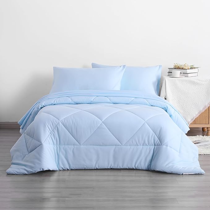 5-Piece Twin Comforter Set with Sheets – Soft and Breathable All-Season Twin Bed in a Bag, Down Alternative Comforter Set for Kids or Teens, Light Blue