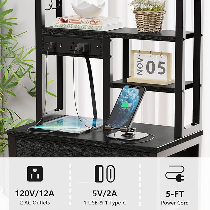 Black Nightstand with Bookshelf, Tall Bedside Table & Night Stand | 3 Fabric - Image 5