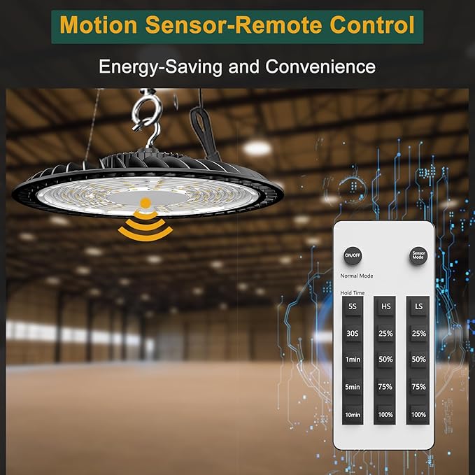 ACOHOOK 250W High Bay LED Shop Lights 37500lm UFO LED Lights AC100-277V UFO High Bay Light with Smart Control Supports Normal Mode & Motion Sensor Mode(Energy Saving)-4Pack