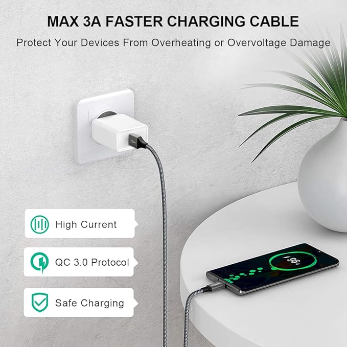 etguuds USB A to USB C Cable 6ft, 2-Pack, 3A Fast Charging Type C Charger Cord for iPhone 17 16 15 Pro Max 16e 17 Air, Samsung Galaxy S25 S24 S23 S22 S21 S20 A17 A16 A56 A55 Flip Fold, Gray