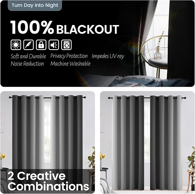 SimpleHome 100% Blackout Ombre Bedroom Curtains Grey and Greyish White - Image 2