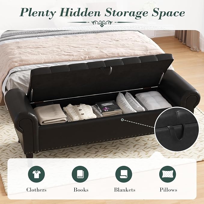 Apicizon 60” Bench with Storage, Queen Size Faux Leather End of Bed Bench with - Image 6