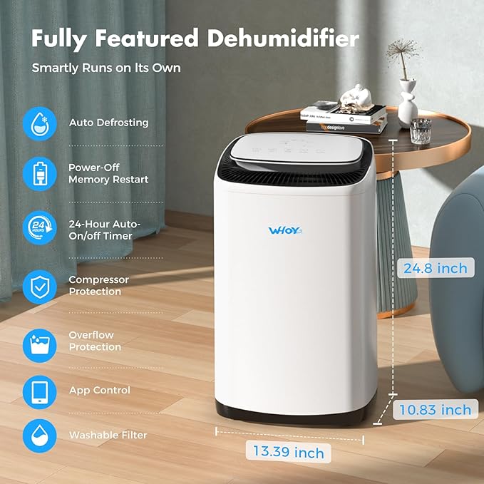 WHOY Dehumidifier for Basement 6,000 Sq Ft, 120 Pints Max. Smart Compressor,Intelligent Humidistat, Smart App-Controlled with Darin Hose And App Control for Basement, Bathroom,Living room,Bedroom,Home