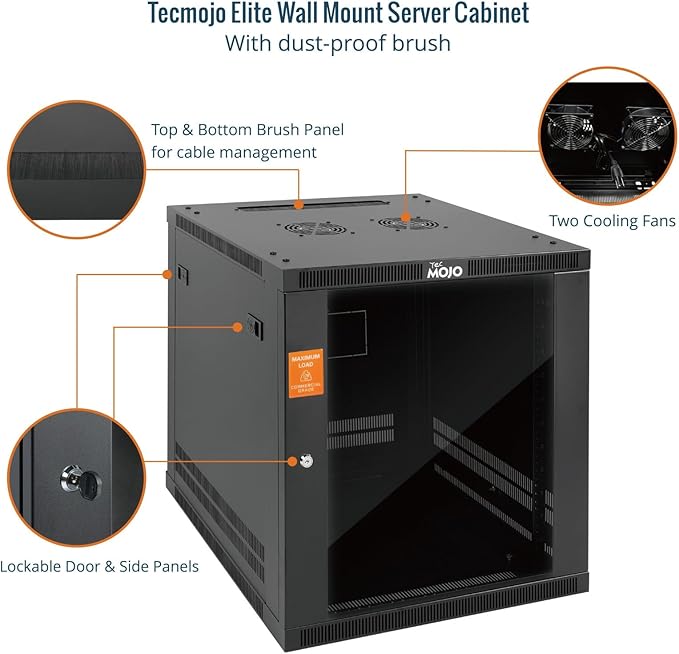 Tecmojo 12U Wall Mount Rack Cabinet, Heavy-Duty 176 Lbs High Load Capacity, 19” Enclosed Server Network Rack with Glass Door, 23.6” Deep – Elite Collection