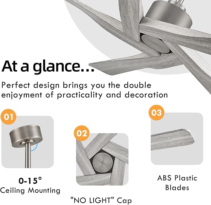 WINGBO 54" ABS DC Ceiling Fan No Light, 5 Blade Wood Grain ABS Ceiling Fan with Remote, 6-Speed Reversible DC Motor, Ceiling Fans without Light for Kitchen Bedroom Living Room, Antique Nickel and Grey