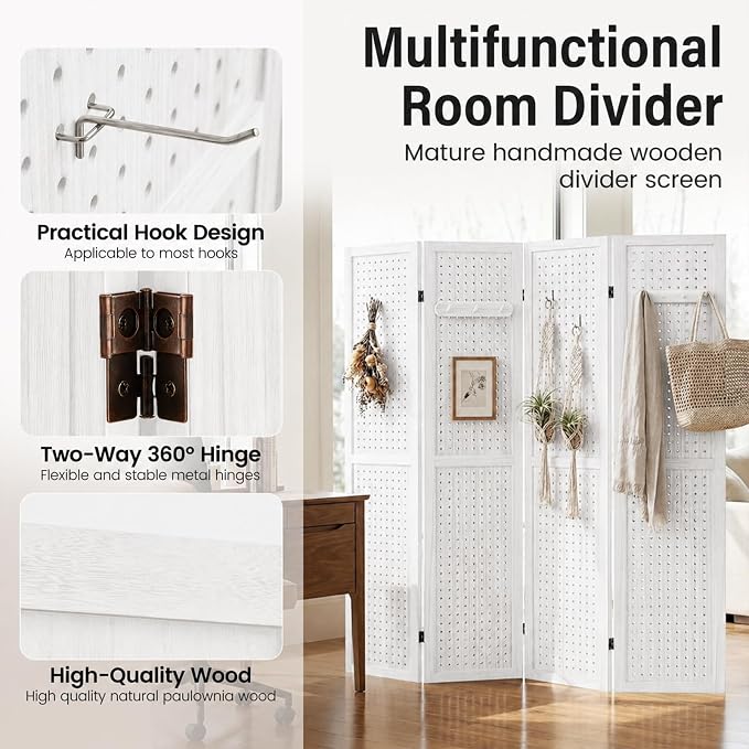 4 Panel Pegboard Room Divider, Folding Privacy Screen, Freestanding Wooden - Image 5