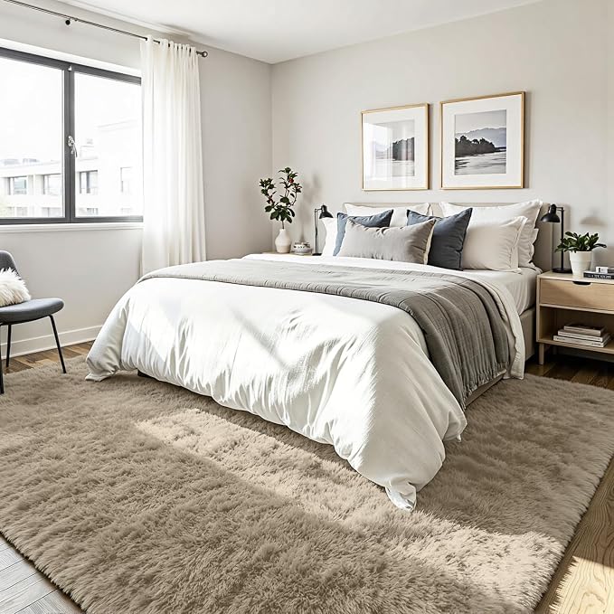 5x8 Fluffy Area Rug for Living Room: Non-Slip Grey Camel Bedroom Carpet | Ultra - Image 3