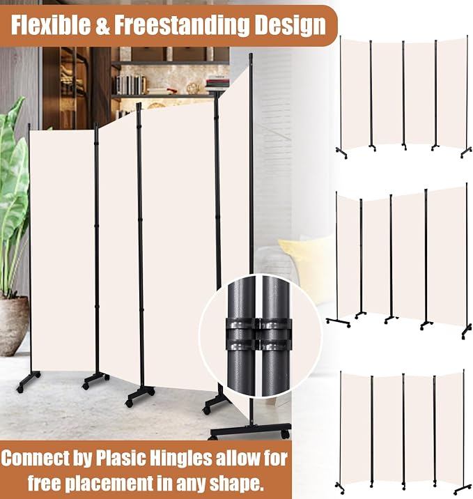 Room Divider 88'' Wide Folding Privacy Screens, 4 Panel Wall Divider w/Wheel | - Image 5