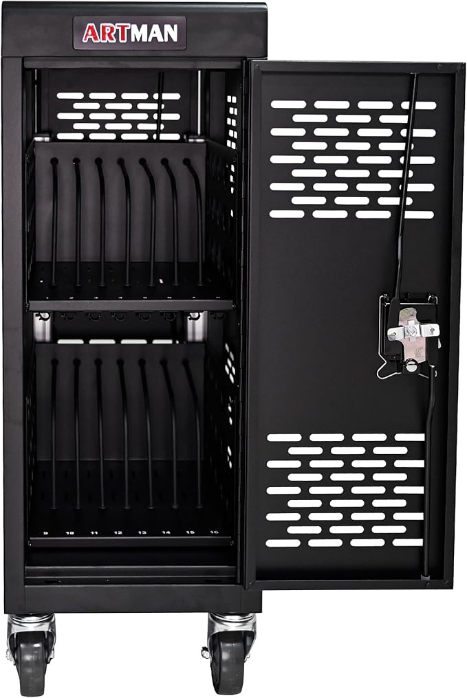 16-Device Mobile Charging Cart with Charging Power Strip and Front and Rear Access Locks, Cable Management, Up to 14", Safe Charging Cabinet for Chromebooks, Tablets, Laptops Black