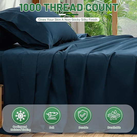 100% Egyptian Cotton Sheets Cal King Sheet Set 4PCS 1000 Thread Count Sateen Weave Soft Breathable 16-Inch Deep Pocket（California King,Navy）