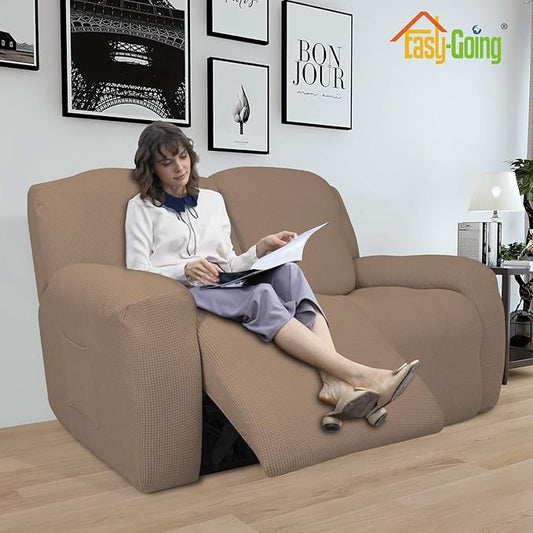 Easy-Going 6 Pieces Recliner Loveseat Stretch Sofa Slipcover Sofa Cover Furniture Protector Couch Soft with Elastic Bottom Kids, Spandex Jacquard Fabric Small Checks Camel