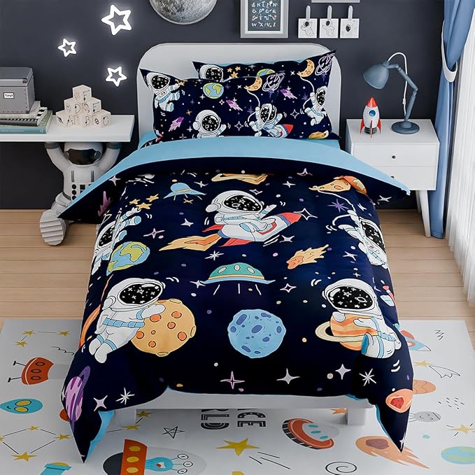 SANDJEST Astronaut Bedding Sets for Boys, Ultra Soft Microfiber Comforter Full Size Set with 4-Pieces, Comforters for Kids Children Boy Bedroom Decor