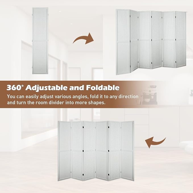 6 Panel Pegboard Room Divider | White Wood Folding Privacy Screen - Image 5