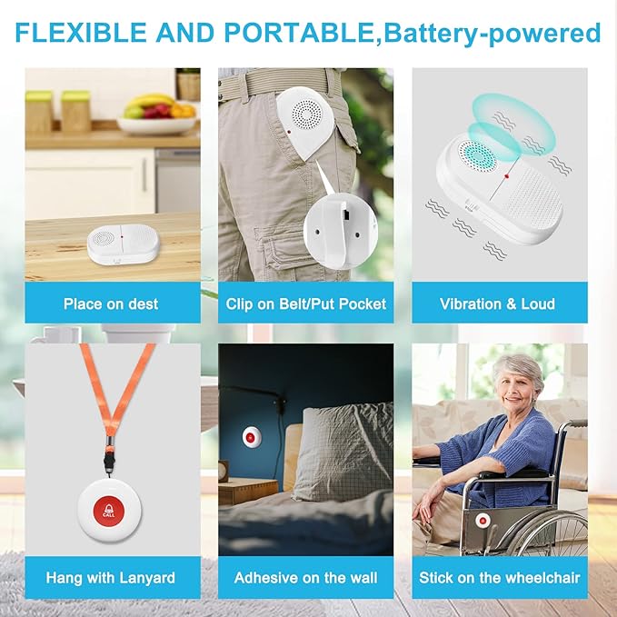 CallToU Wireless Caregiver Pager Waterproof Call Button Vibration Call Button for Elderly at Home Disabled Patient Elderly Monitoring Nurse Calling 2 SOS Call Buttons/Transmitters 500FT 2 Receivers
