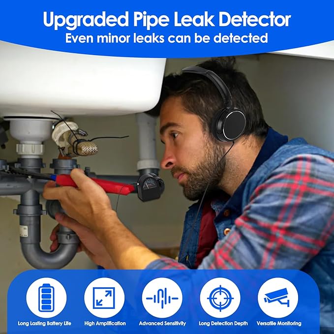 Water Leakage Detection for Home, Underground Water Leak Detector Sensor Alarm for Home, Pipe Leak Leakage Detector Sound Intensifier for Site Construction, Tube Construction, Car Maintenance (#2)