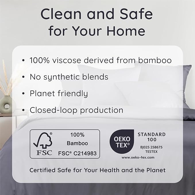 Bambaw 100% Viscose Derived from Bamboo Queen Size Sheet Set - 6pcs Cooling, Deep Pocket Fits Up to 16'' with Elastic Corner Straps, Queen Soft Sheets (Charcoal)