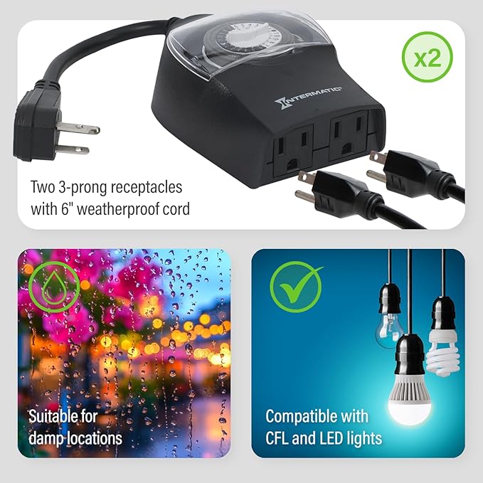 Intermatic HB11K Heavy-Duty Outdoor Plug-in Timer – 2 ON/2 Off Settings, 30-Min Minimum Intervals, Weatherproof Flip Cover, 15A/1800W, 1 HP Rated, 13" Cord – Ideal for Pool Pumps, Lights, Decorations