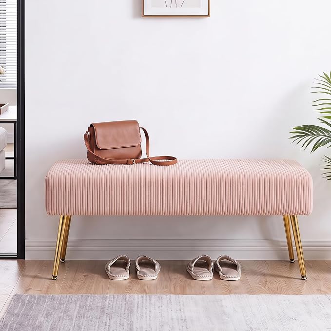 44 Inch Bedroom Bench, Modern Ottoman End of Bed Bench, Upholstered Corduroy - Image 8