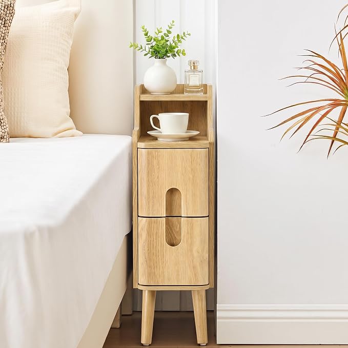 FurSch Narrow Nightstand, Wooden 2 Drawer, Skinny Bedside Table, Mid Century - Image 9