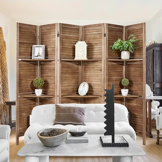 Room Divider with Shelves, 6 Panel Brown Privacy Screen | Partition Room - Image 8