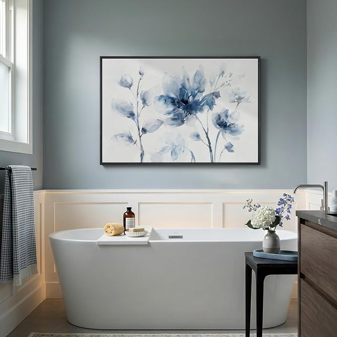 Framed Blue Floral Wall Art for Bedroom, Modern Botanical Canvas Painting Prints - Image 6
