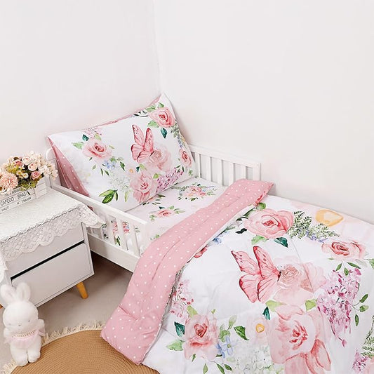 4 Piece Toddler Bedding Set for Girls, Butterfly Toddler Comforter Set, Ultra Soft Toddler Bed Set Includes Comforter, Flat Sheet, Fitted Sheet, Pillowcase (Pink Floral & Butterfly Pattern)