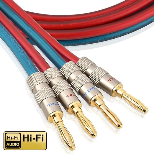 AutCreation Speaker Cable Wire with Banana Plugs,14 AWG HiFi Pure Copper Speaker Wire,99.9% OFC Stranded Copper Wire,Gold Plated Banana Tip Plugs,Red/Blue (3M(9.8ft))