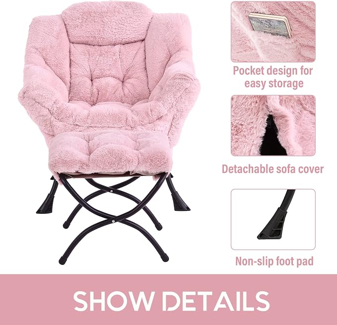 Lazy Chair with Ottoman, Comfy Accent Reading Chair, Plush Pink | Foldable - Image 6