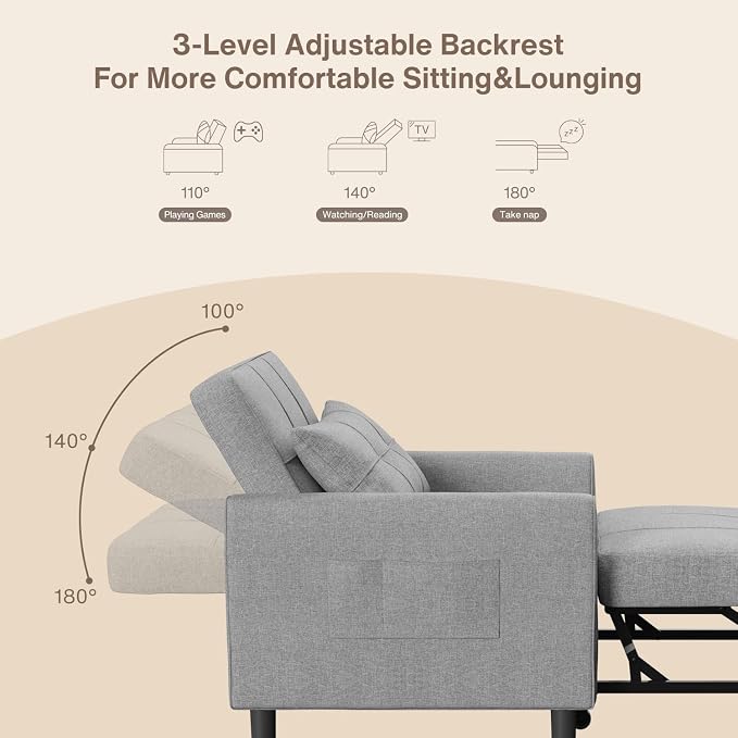 Aiho Convertible Sleeper Chair 3-in-1 Sofa Bed, Light Gray | Adjustable Backrest - Image 6