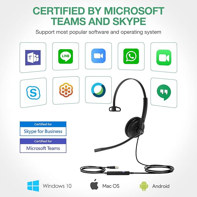 Yealink UH34 USB Headset with Mic, Single Ear Wired Headphones with Noise Cancelling Microphones, Professional Work Headphones VoIP Phone Computer Call Center Office,Ultra Light Mono
