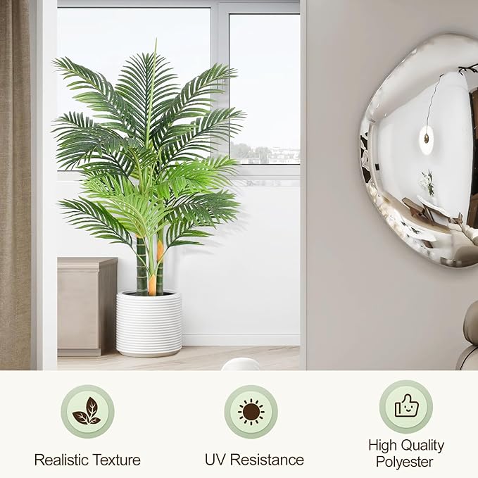 4ft Tall Triple Golden Cane Palm Artificial Tree Large Tropical Palm Tree UV Resistant Fake Plant in Pot for Indoor Outdoor Big House Living Room Outside Patio Office Home Decor 1Pack