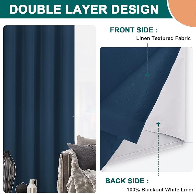 Diraysid 100% Blackout Curtains Navy Blue Linen Curtains - Image 2