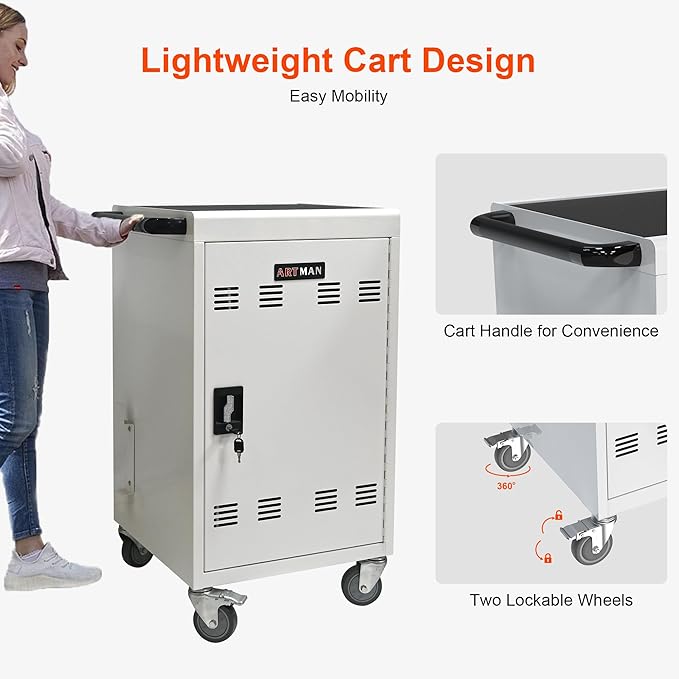 Aokleo Laptop Charging Cart,32 Devices Tablet Storage Carts for Pad Up to 16.3" Screen Size, Classroom Computer Mobile Charging Station for Pads,Chromebooks,Laptops,Security Storage (30+2 Bay-White)
