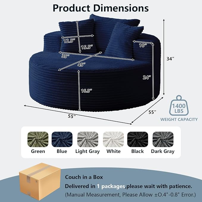 55'' Oversized Round Lounge Chaise Chair, Corduroy Upholstered Indoor Chaise - Image 2